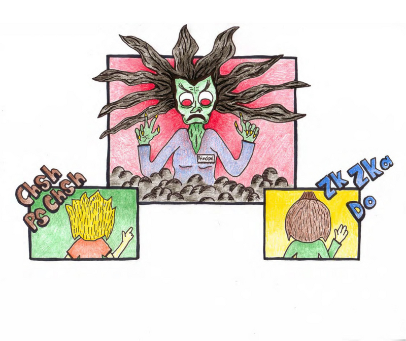 Colored pencil drawing in a comic-style panel of two boys beatboxing in front of their scary, witch-like principal.