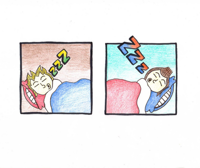 Colored pencil drawing in a comic-style panel of two boys beatboxing in their sleep.