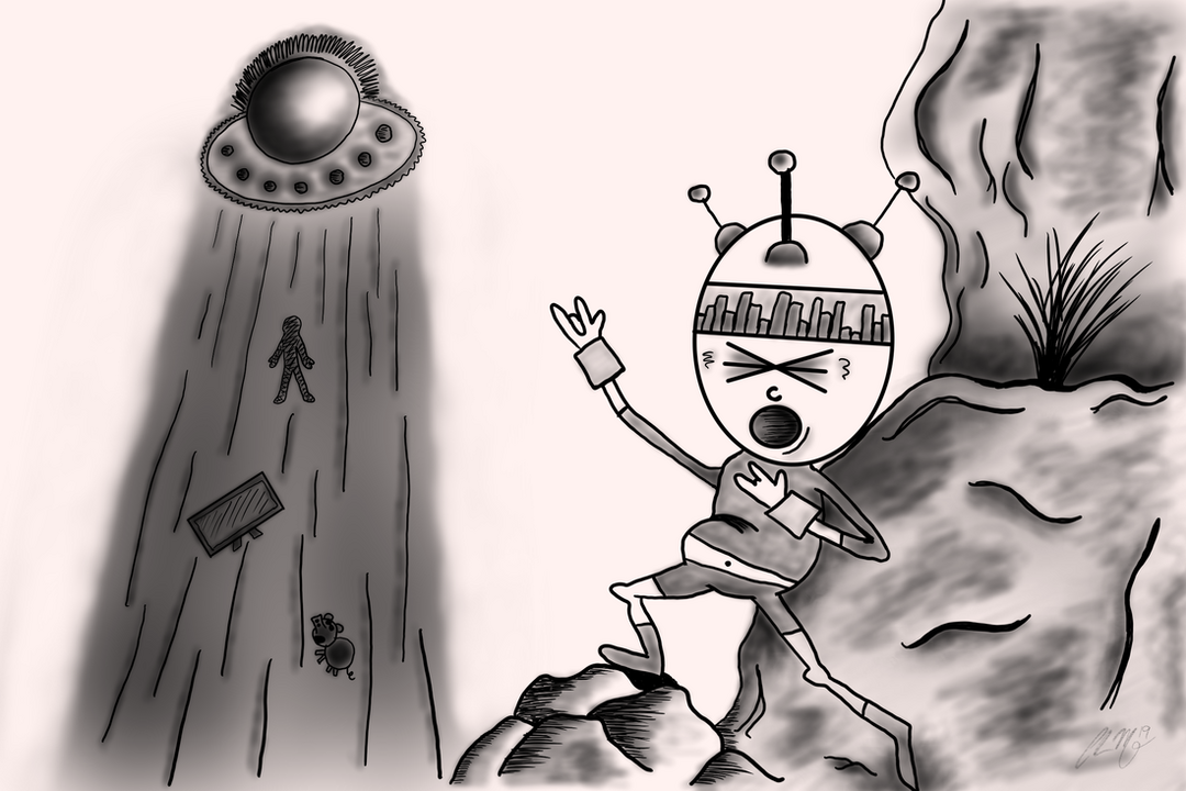 A black and white picture of an alien rocking out as its UFO sucks stuff up in the background.