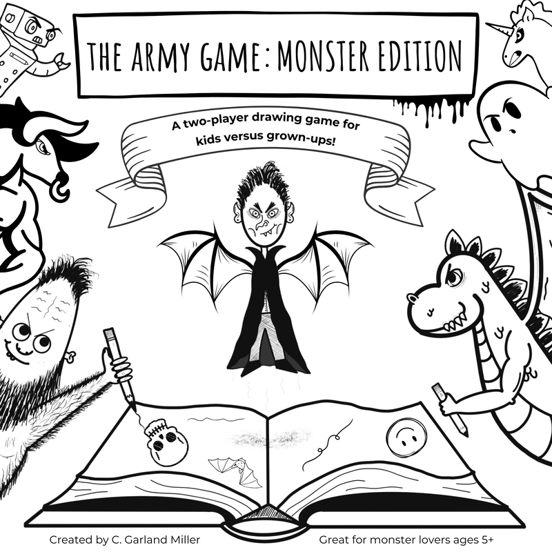 The black and white cover for The Army Game: Monster Edition, a two-player drawing game for kids versus grownups.
