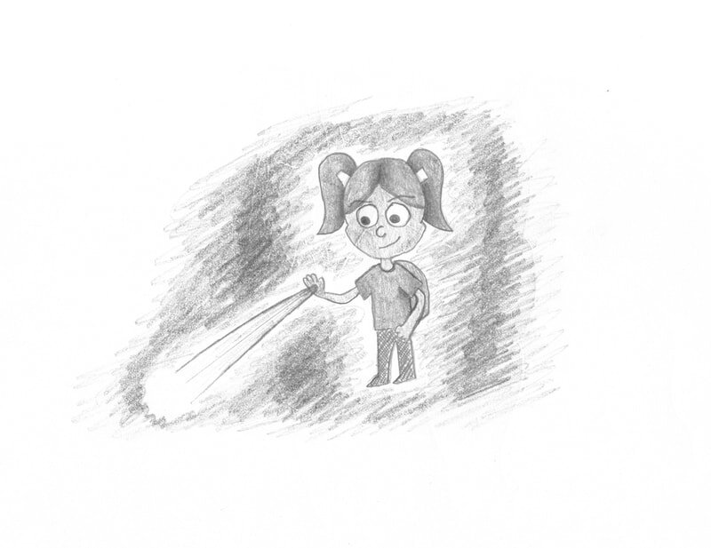 A black and white pencil drawing of a girl named Dani as she's shining light out of the palm of her hand.