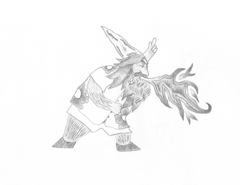 A black and white pencil drawing of a wizard in a Hawaiian shirt blowing fire out of his mouth.