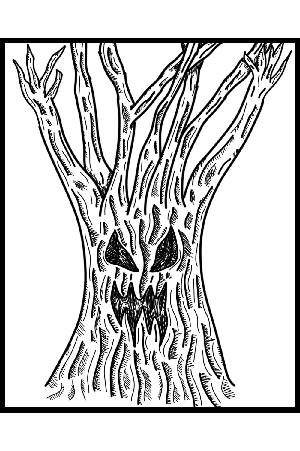 Black and white digital drawing of a fictional giant carnivorous tree monster.