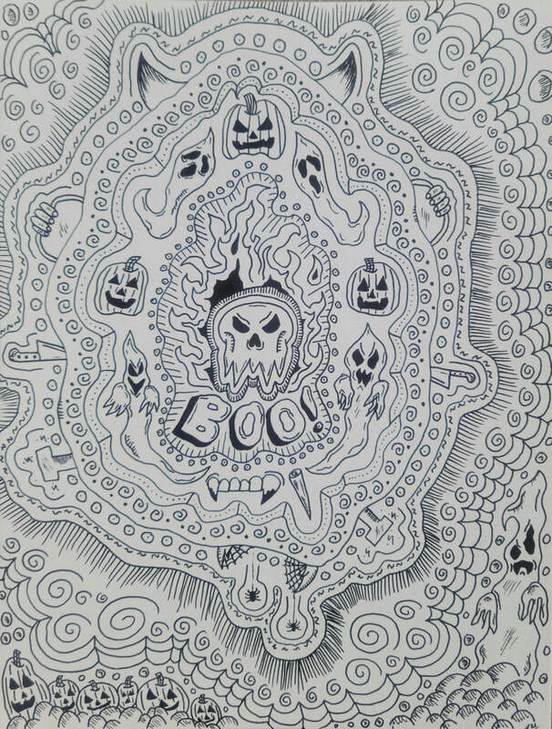 Black and white Halloween art featuring pumpkins and skulls that was done with gel pen.