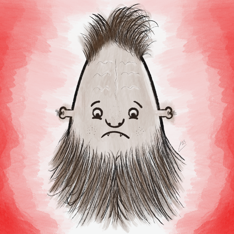 A digital illustration of a sad sasquatch on a red tie dye background