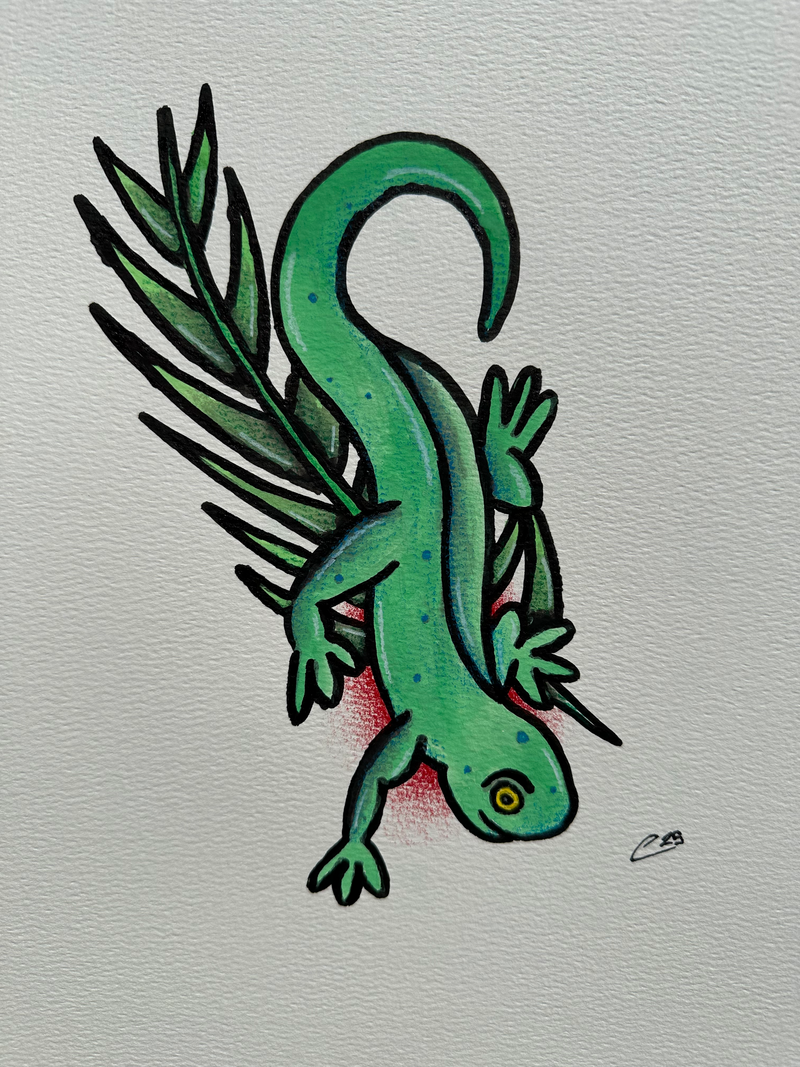 A green illustration of a gecko