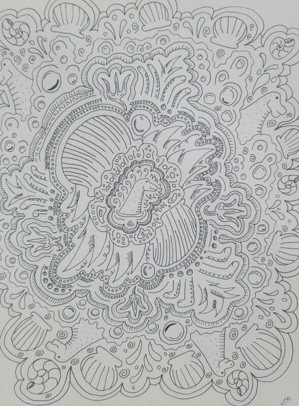 Black and white art of the Loch Ness Monster done with a felt tip pen.
