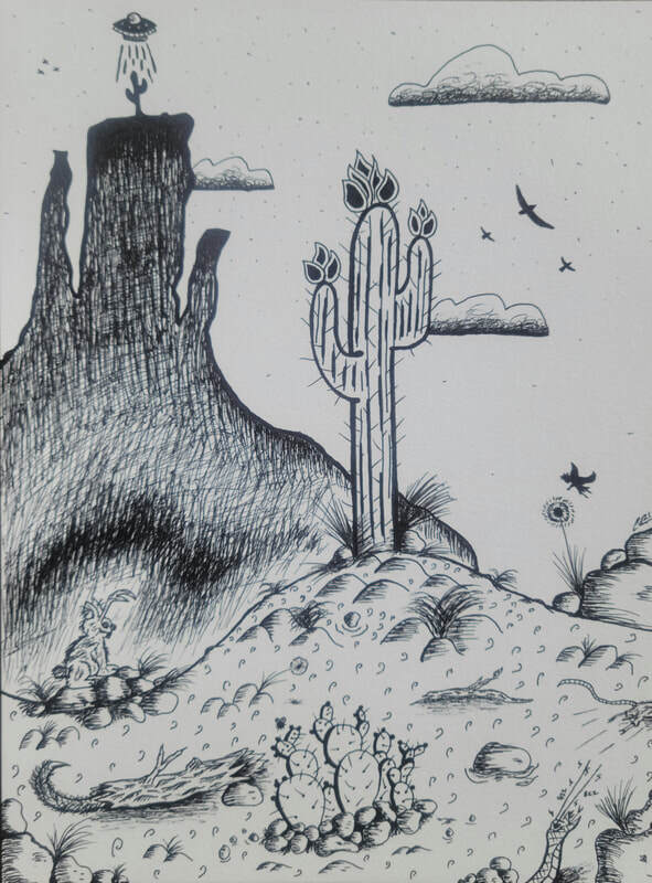 Black and white image of a creep desert done with gel pen.