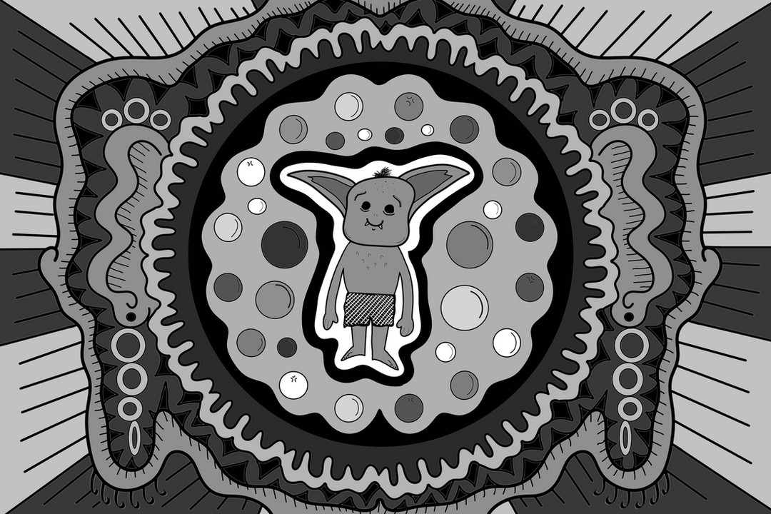 A black and grey digital drawing of a goblin surrounded by a pattern. It is similar to a coloring book.