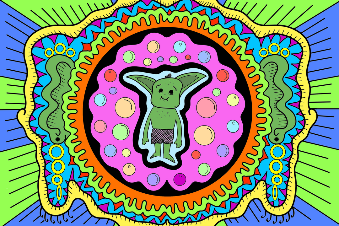 A colorful, coloring book-style digital drawing of a goblin surrounded by a pattern.